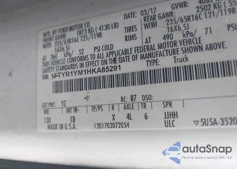 2017 Ford Transit-250 z USA, uszkodzony, nr VIN 1FTYR1YM1HKA85291